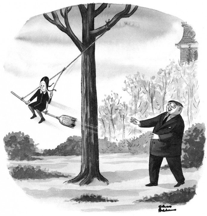 Gomez Addams เล่นกับ Wednesday ฉากจากการ์ตูน The Addams Family ในปีค.ศ. 1938 (พ.ศ. 2481)
